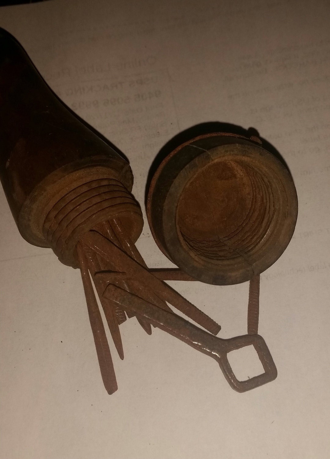 Antique Sewing Awl Kit W/ Storage and Several Needles in Wooden Curved