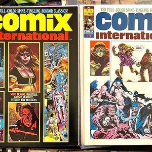 May include: Two vintage horror comic books, "Comix International" issues #2 and #3, with colorful covers featuring illustrations of monsters, demons, and witches. The text on the covers reads "Ten Full-Color Spine-Tingling Horror Classics!"