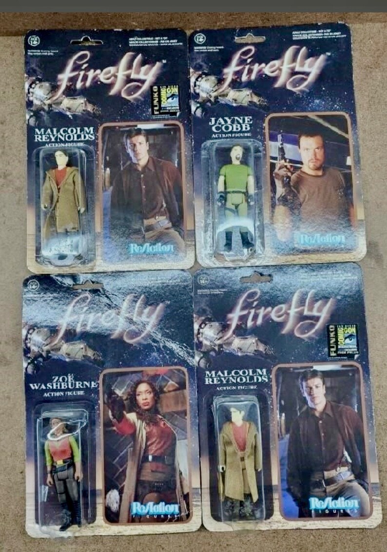 May include: Four action figures from the TV show Firefly, packaged in cardboard boxes with the show's logo and character names. The figures are of Malcolm Reynolds, Jayne Cobb, Zoe Washburne, and Malcolm Reynolds.