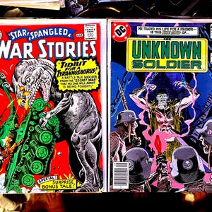 Star Spangled War Stories #125 / Unknown Soldier #231 Vintage DC War Comics 1966 Silver Age 0.12 cent Dinosaur Cover & 0.40 cent 1977 Bronze
