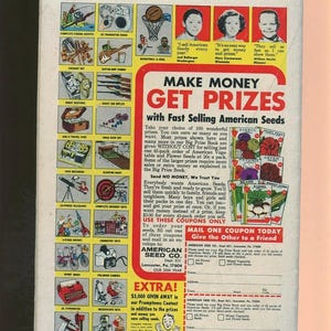 May include: Vintage advertisement for American Seeds, featuring illustrations of various prizes like a guitar amp, telescope, and typewriter. The ad promotes earning prizes by selling seeds, with a contest offering $3,000 in prizes.