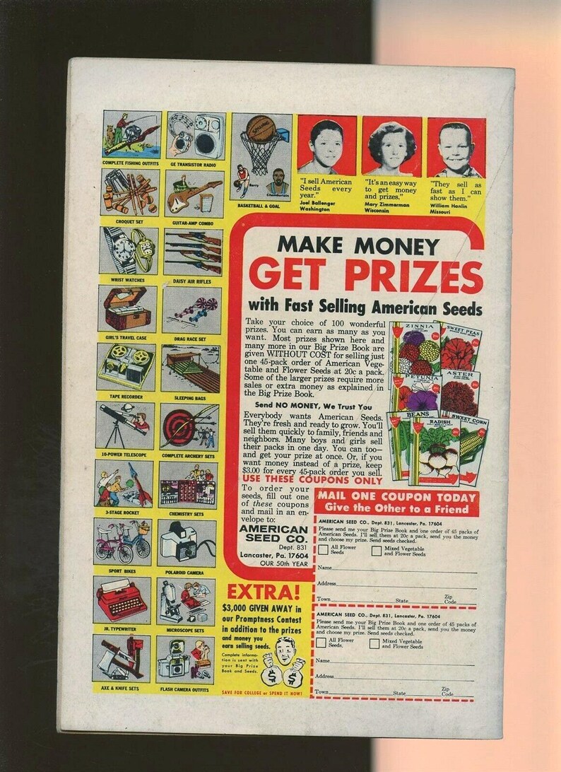 May include: Vintage advertisement for American Seeds, featuring illustrations of various prizes like a guitar amp, telescope, and typewriter. The ad promotes earning prizes by selling seeds, with a contest offering $3,000 in prizes.