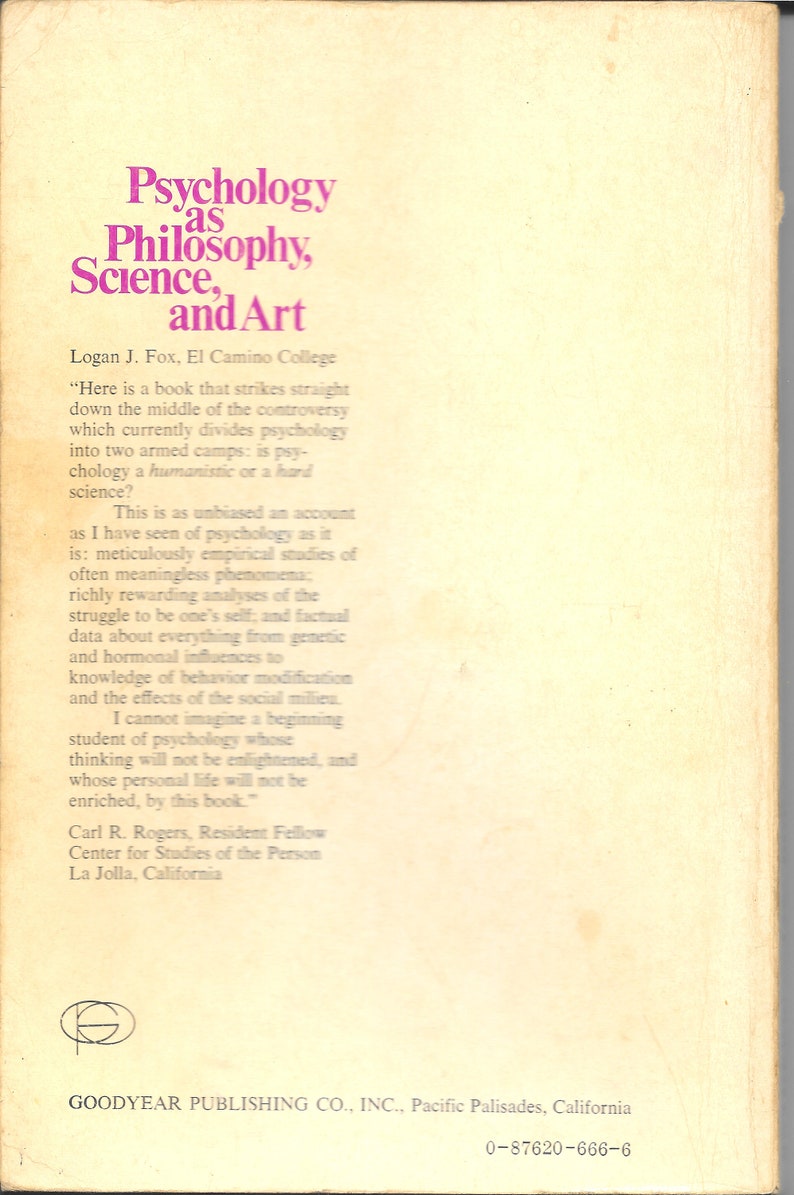 Psychology as Philosophy, Science and Art by Logan J. Fox 1973 Old Copy image 2