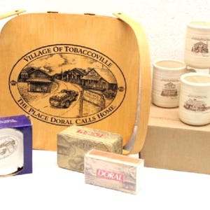 Hinged Wicker Picnic Basket, Coffee Cups, Tin with Wooden Matches and Ash Tray All Unused Vintage Doral Advertising from Tobaccoville, NC