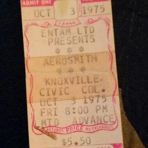 AeroSmith 1975 Konzert-Karte Stub. Knoxville Tennessee. Spielzeug auf dem Dachboden!