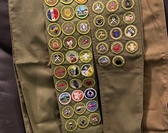 Boy Scout Sash With 33 Merit Badges, BSA Sash With 20 Merit Badges and 2 Plain. Vintage 1960s