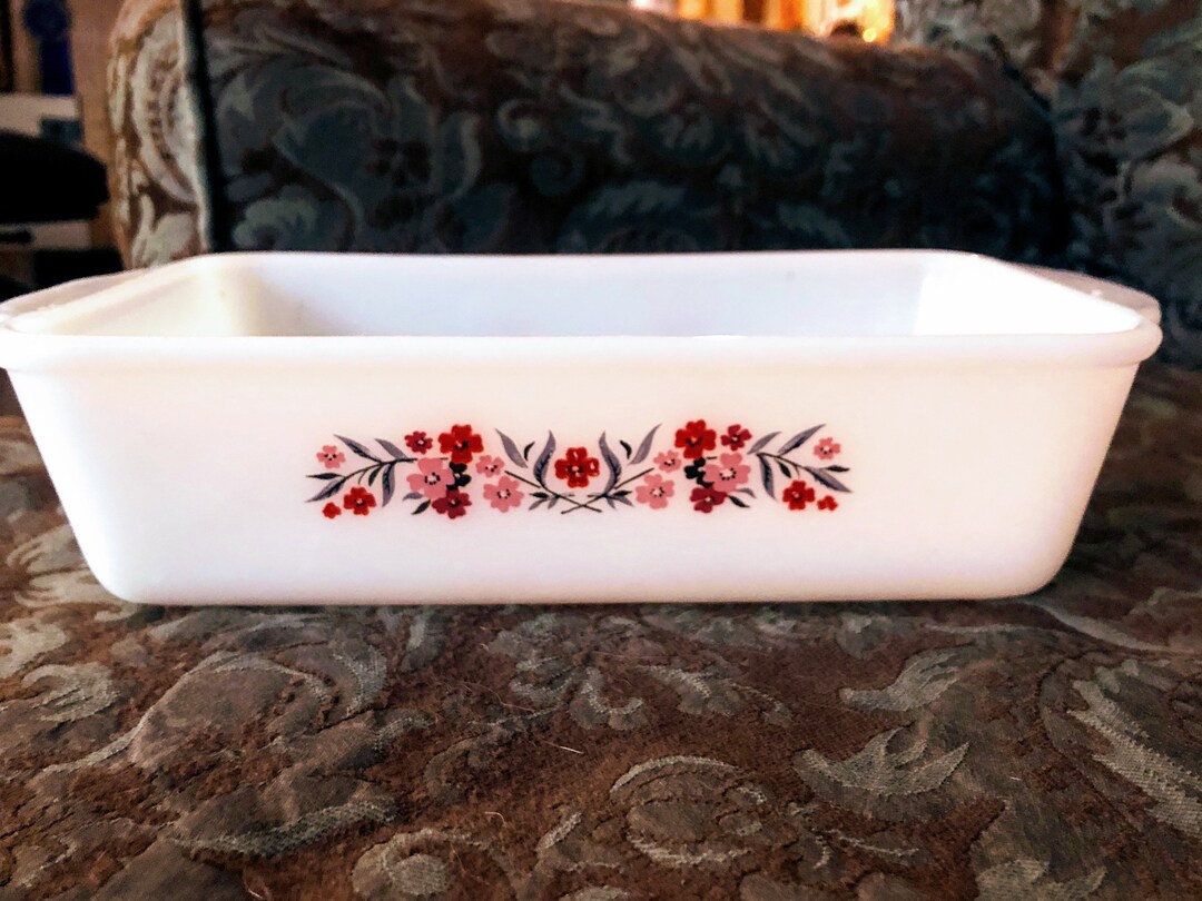 1960s Fire King reverse Logo Milk Glass Loaf Dish in Primrose Pattern