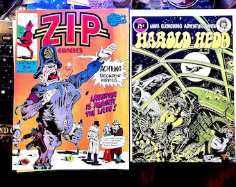 Zip Comics #1 (1973 Cozmic) UK May 1973 and Harold Hedd Anus Clenching Adventure #2 Underground Comic Books Mature Content. Adults Only