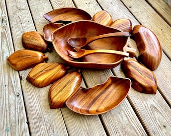 Genuine Monkey Pod & Philippine Craft 9 Piece Wooden Bowl Collection  and Serving Tray w/ Side Bowl Soup Salad Serving Set for 4 Vtg. 1970s