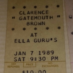 Clarence Gatemouth Brown 1989 Konzertkarte Stub Ella Guru's Knoxville, Tennessee