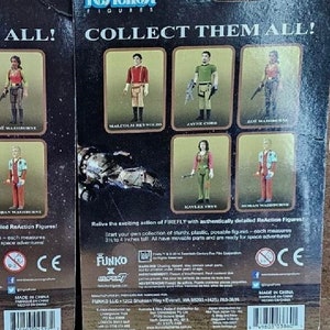 May include: Back of two cardboard boxes for ReAction Figures from Funko. The boxes feature images of characters from the TV show Firefly. The text on the boxes reads "Collect Them All!" and "Relive the exciting action of FIREFLY with authentically detailed ReAction Figures!"