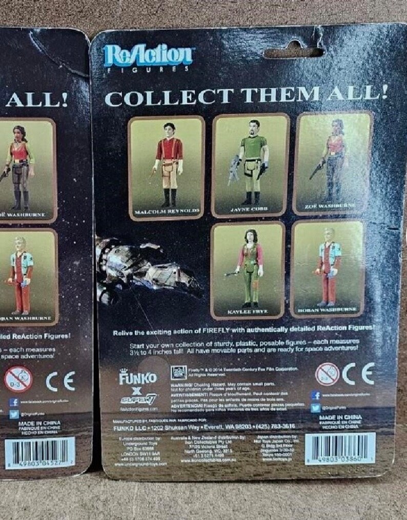 May include: Back of two cardboard boxes for ReAction Figures from Funko. The boxes feature images of characters from the TV show Firefly. The text on the boxes reads "Collect Them All!" and "Relive the exciting action of FIREFLY with authentically detailed ReAction Figures!"