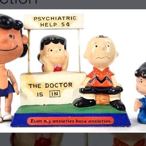 Peanuts Gang 3 Vintage 1952-1971 Psychiatrist Lucy and Charlie Brown Doctor is in Help 5 cents 1971,  Walking Lucy 1968, Lucy Figure 1952.