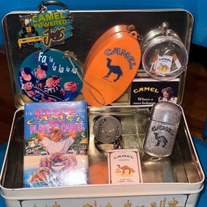 Camel Cigarettes Treasure Tin with Ten Types of Vintage Toys,  Advertising Promotional Items, Practical Memorabilia and More Joe Camel Cool