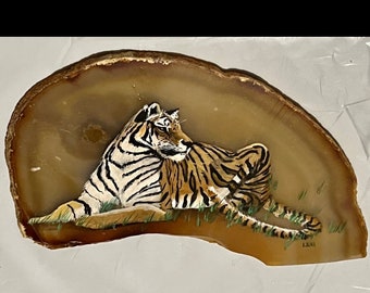 Handpainted Tiger on agate. Hand painted acrylic tiger on a polished  slice of natural agate stone.