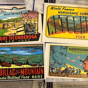 Vintage State Travel Decals Original Lindgren-Turner, Impko Windshield Luggage, Fort Ticonderoga NY, Horse Shoe Curve PA, Gettysburg PA