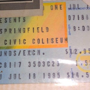 Bilet na koncert Ricka Springfielda w 1985 r. w Knoxville, Tennessee.