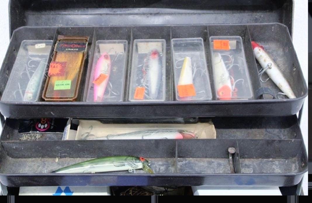 already filled tackle box Soft Plastic/Top Water spools of thread Vintage Ward's Hawthorne Tackle Box