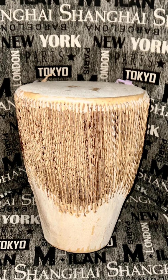Old African Style Large Hand Drum with real soft hide top, bottom & wrapped around drum. Great Tone! Excellent Display, Side Table any Decor