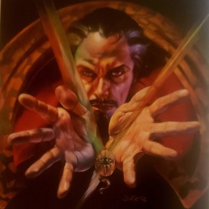 May include: A painting of a man with dark hair and a mustache, wearing a dark robe. He is holding his hands out in front of him, with glowing green lines emanating from his fingertips. The background is a dark red and orange, with a golden archway behind him.