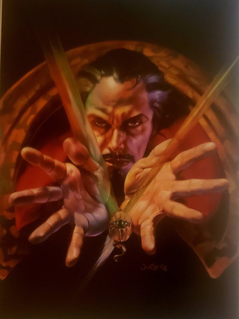 May include: A painting of a man with dark hair and a mustache, wearing a dark robe. He is holding his hands out in front of him, with glowing green lines emanating from his fingertips. The background is a dark red and orange, with a golden archway behind him.