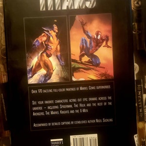 May include: Book cover with the title "TITANS" in large, bold, white letters. The cover features two illustrations: Wolverine in yellow and blue, and Spiderman in red and blue. The back cover text describes the book as containing over 170 full-color paintings of Marvel Comic superheroes.