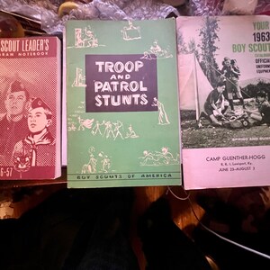 Boy Scouts of America. Vintage BSA publications. 1956 Leaders Program,  Troop and Patrol Stunts, 1963 Official Catalog Camp Gunther-Hogg