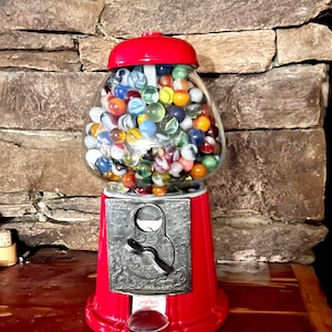 MARBLES Collection! Many Vintage Styles & Colors Displayed in a Shiny Red Metal and Clear Glass Coin Operated 1985 Carousel GUMBALL Machine!