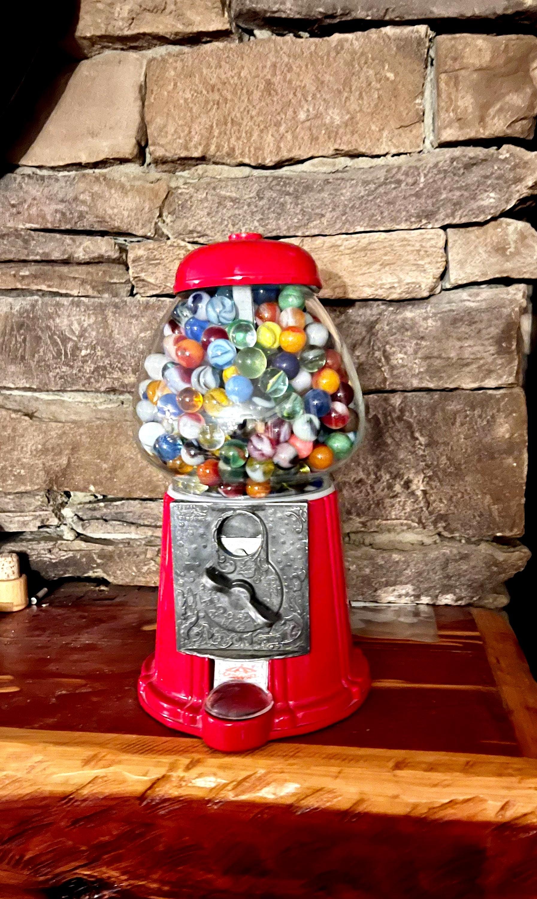 MARBLES Collection! Many Vintage Styles & Colors Displayed in a Shiny Red Metal and Clear Glass Coin Operated 1985 Carousel GUMBALL Machine!