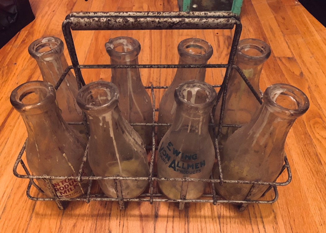 Vintage Glass Milk Bottles in a Wire Carrier - Organized Clutter