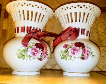 Valentines Gift Flower Vases for Valentine's Flowers - Latticework  Victorian Rose Collection. Lined in Gold paint w/ Ribbon. Baum Brothers