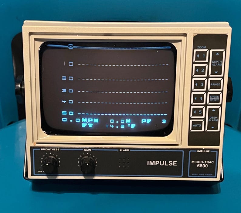 May include: An off-white Impulse Micro-Trac 6800 video fish finder with a black control panel. The screen displays a digital depth grid with readings of 0.0 MPH, 0.0M, and 14.2 F. It features knobs for brightness and gain, plus side buttons.