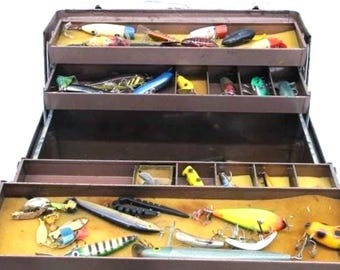 Vintage Tackle Box & Fishing Lures BIG Silver Park MFG Loaded w 37 Classic Baits, 2 bait boxes, knife, skinner, scale, sinkers, worms, flies