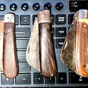 Hawk Bill Knife X3 Vintage. Pocket Knives with Wide Curved Blades of Antique Steel & Wide Wooden Handles. Rustic Bad Ass Cutting Tools.