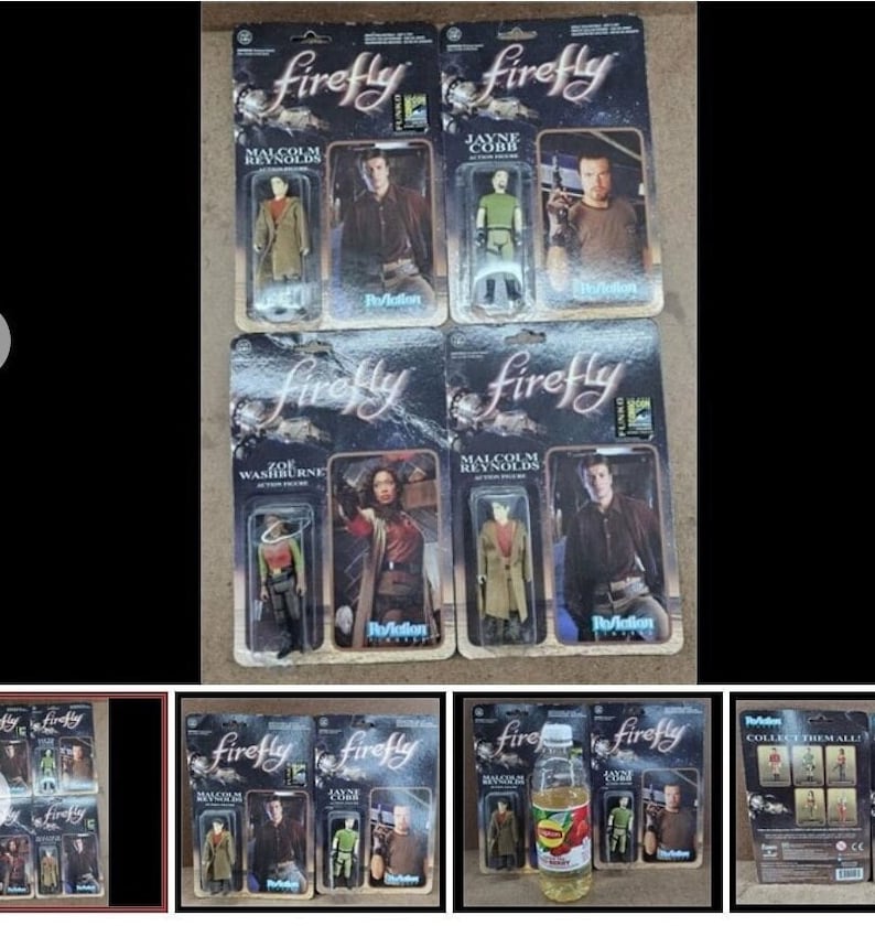 May include: Six action figures from the TV show Firefly, packaged in plastic boxes with the show's logo and character names. The figures are of Malcolm Reynolds, Jayne Cobb, Zoe Washburne, and Kaylee Frye.