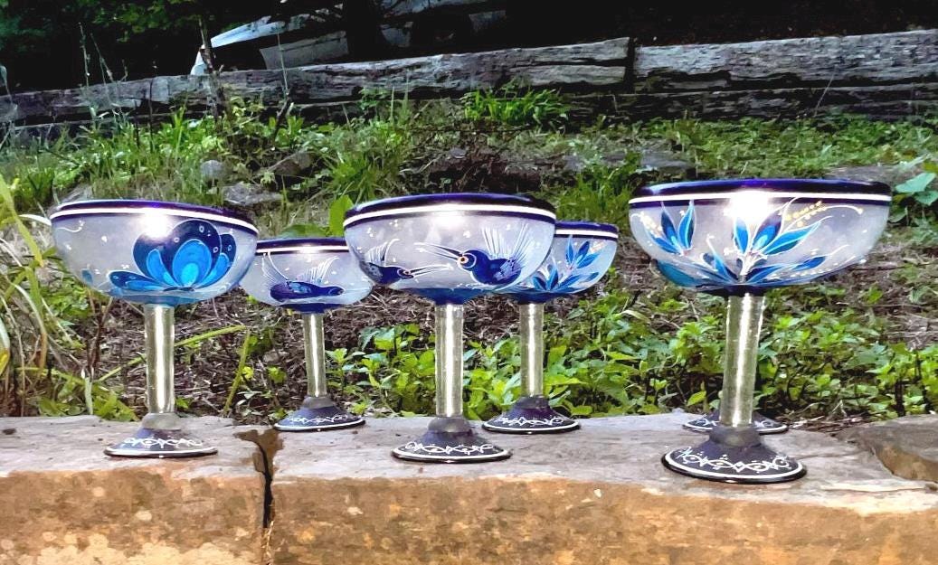 Verres à margarita en verre soufflé peints à la main, dauphins, palmiers, lot de 2 Mexique - Canada