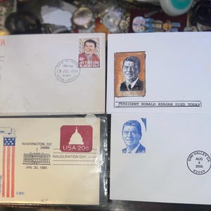 Ronald Reagen Stamps, 1st Day Covers 1984, 1985, 2004, 2005 Antigua & Barbuda, Inaguration, Librery and Museum, Day of Death. Cancled Covers