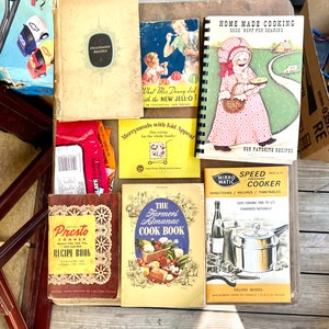Vintage Kitchen Classic Country Cookbooks & Product Pamphlet Collection Farmers Almanac, Church Cookbooks, Jello, Frigidaire, Presto Cooker+