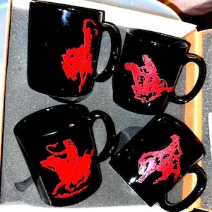 Marlboro Rare Oversize Mug set of 4 featuring different 1990s Bucking Bronco in Red on Black Mugs Unused like New in the Original Box