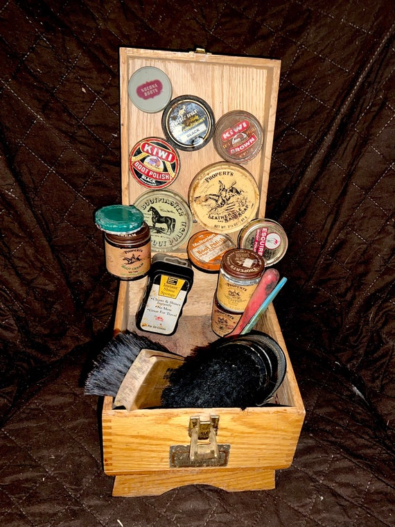 Shoe Shine Kit Boot Shine Box Full of Vintage Tins N Jars of Boot