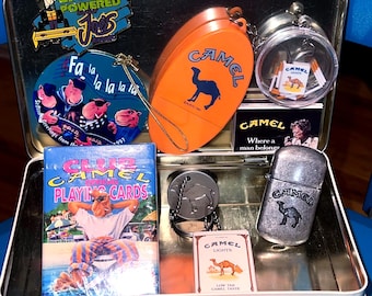 Vintage Camel Cigarettes Treasure Tin: Toys, Lighter, Keychain & More