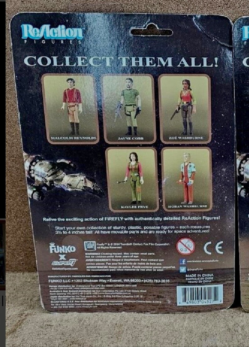 Fire Fly Funko Reaction Action Figures. Malcom Reynolds’s in Brown Coat SDCC Exclusive x 2, Jayne Cobb, Zoe Washburn. 3.75" fully posable. image 6