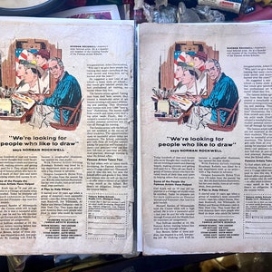 May include: Two vintage comic book covers featuring Norman Rockwell artwork. The covers have a retro design with illustrations of artists and the text "We're looking for people who like to draw" in a bold font.