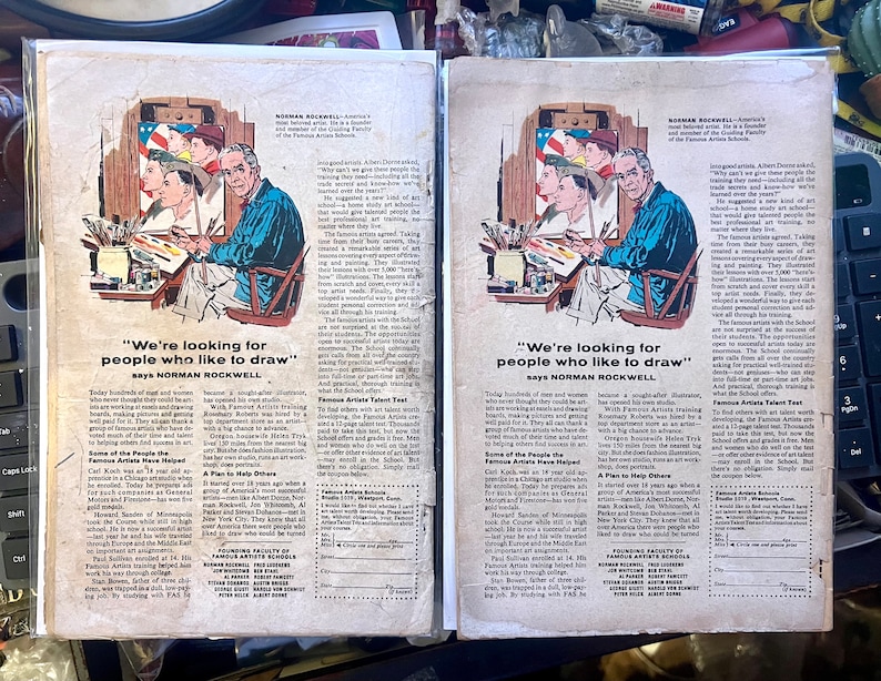 May include: Two vintage comic book covers featuring Norman Rockwell artwork. The covers have a retro design with illustrations of artists and the text "We're looking for people who like to draw" in a bold font.
