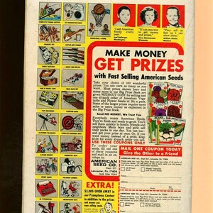 May include: A vintage advertisement for American Seeds, featuring illustrations of various prizes and products. The ad includes text promoting the opportunity to earn prizes by selling seeds. The color palette is dominated by red, yellow, and green.