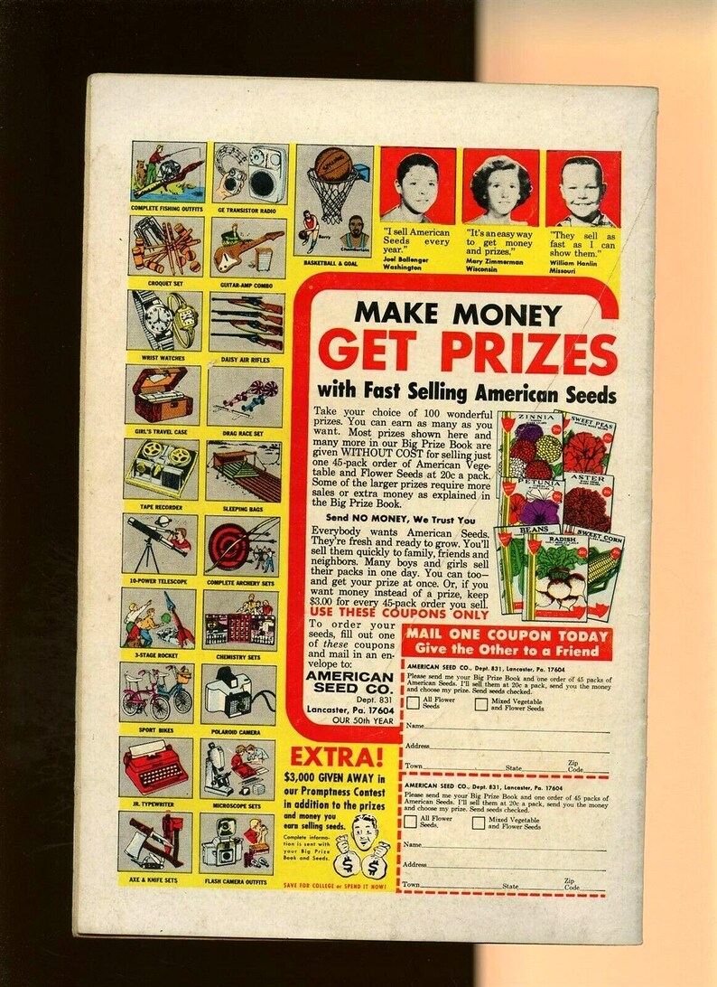 May include: A vintage advertisement for American Seeds, featuring illustrations of various prizes and products. The ad includes text promoting the opportunity to earn prizes by selling seeds. The color palette is dominated by red, yellow, and green.