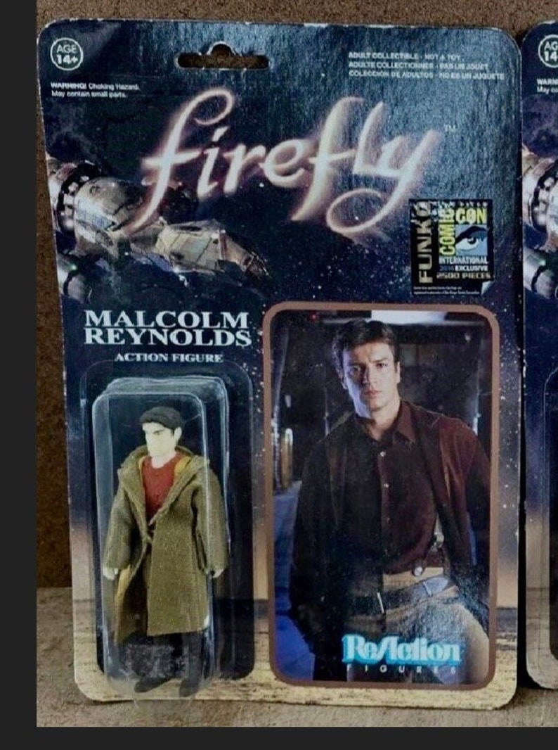 Fire Fly Funko Reaction Action Figures. Malcom Reynolds’s in Brown Coat SDCC Exclusive x 2, Jayne Cobb, Zoe Washburn. 3.75" fully posable. Malcom Reynolds