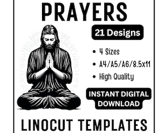 21 Prayers Praying Pray Linocut Woodcut Tracing Designs - A4 A5 A6 & US Letter Size JPG Download - Carving Crafting Printing Card Making