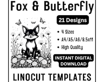 21 Fox and Butterfly Linocut Woodcut Tracing Template Designs - A4 A5 A6 & US Letter JPG Download - Carving Crafting Printing Card Making