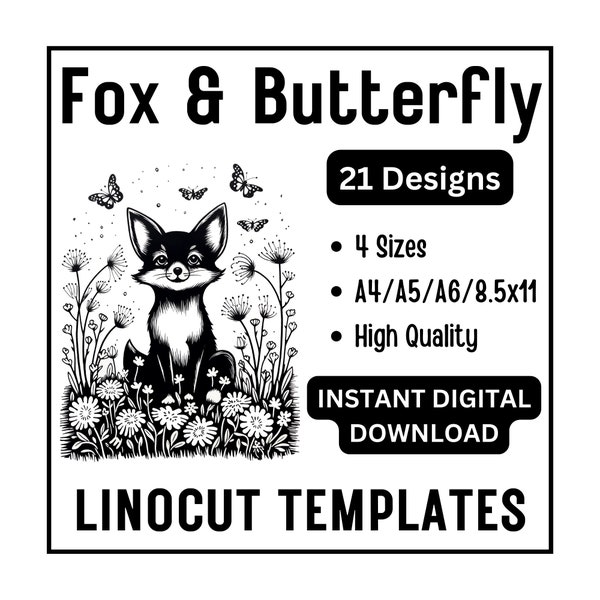 21 Fox and Butterfly Linocut Woodcut Tracing Template Designs - A4 A5 A6 & US Letter JPG Download - Carving Crafting Printing Card Making